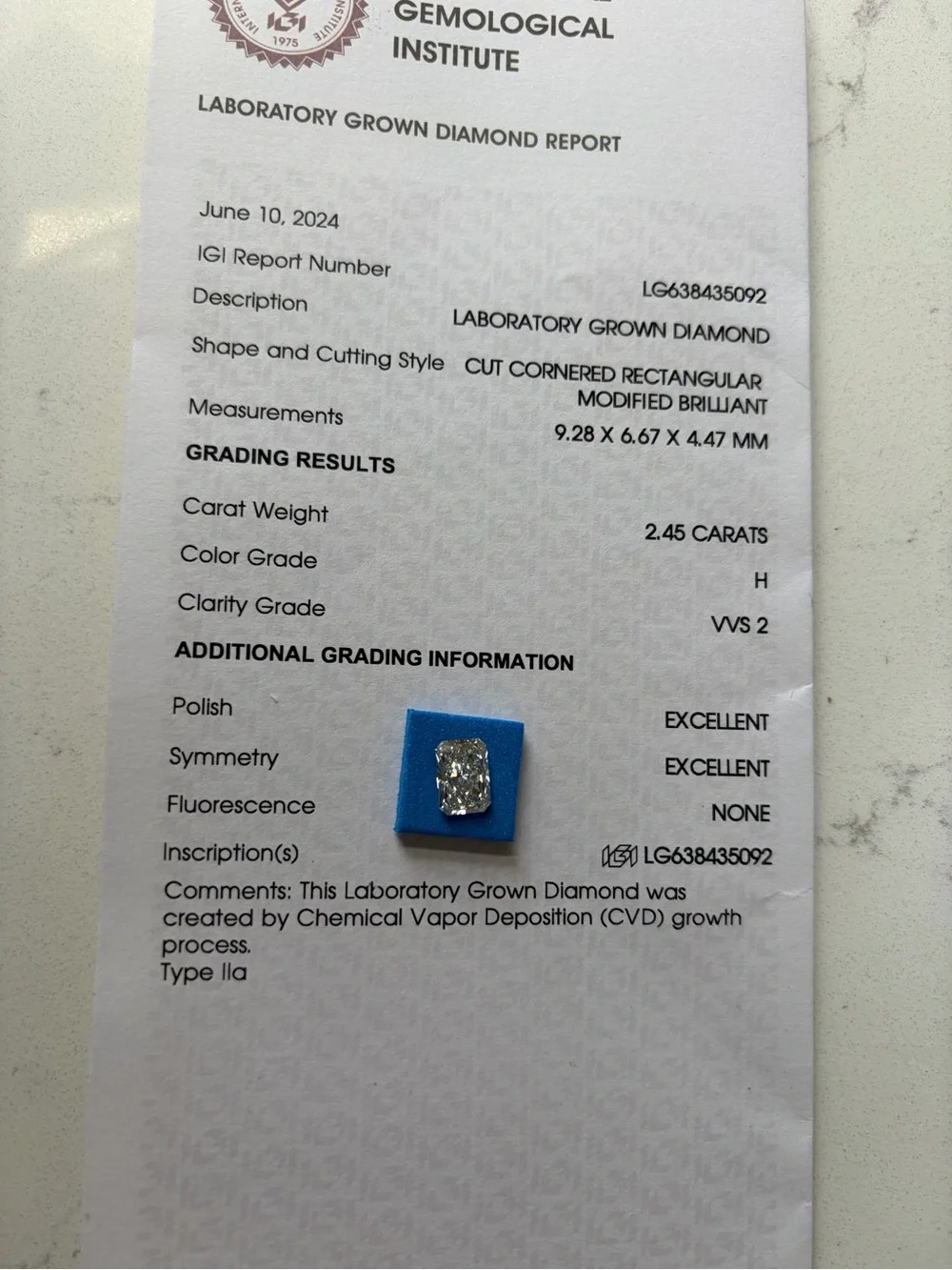 2.45ct Radiant IGI Lab Grown Diamond H VVS2 Excellent/Excellent